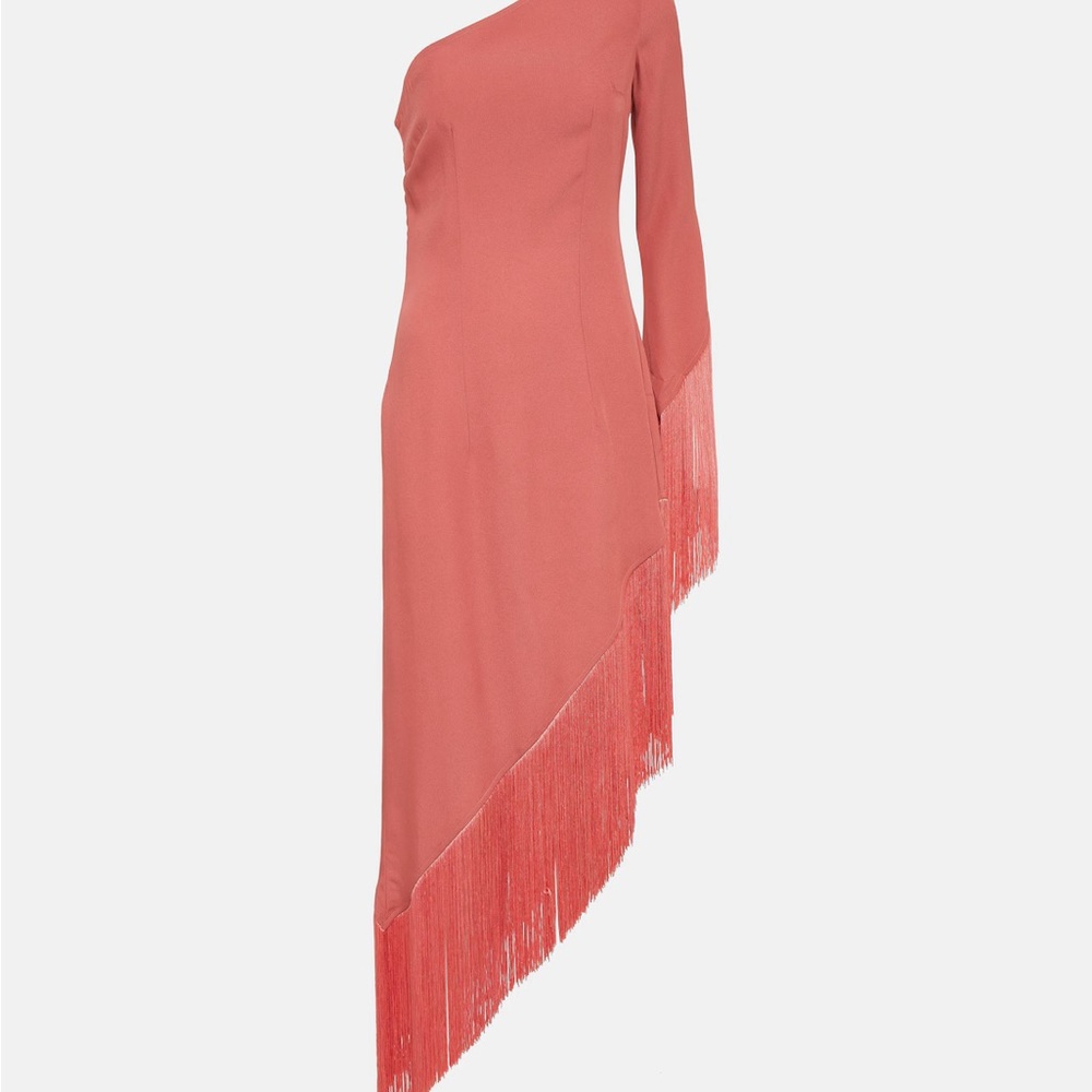 One-Shoulder Pink Fringe Asymmetric Dress - Picture 2 of 3